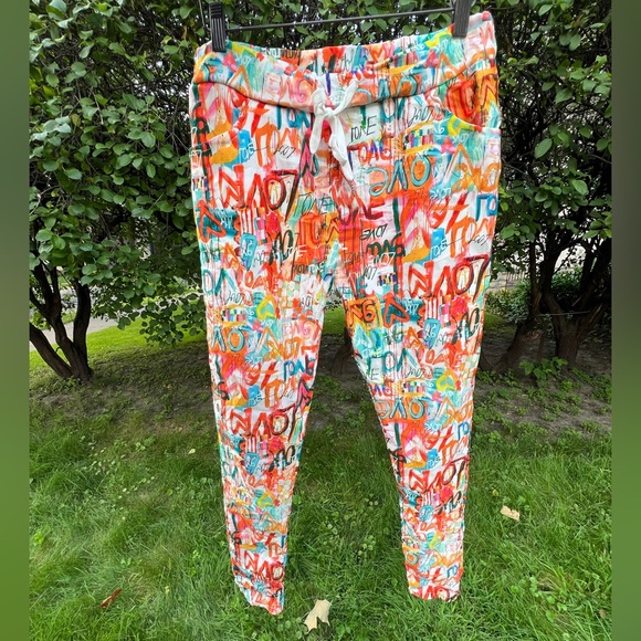 🧡LOVE Grafitti Abstract Drawstring Joggers / Pants | Orange/Teal | S/M - Picture 16 of 17